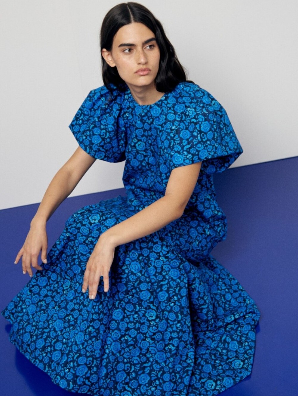 NEW De Loreta Damasco Blue Floral Puff Sleeve Drop Waist Pleated Maxi Dress S
